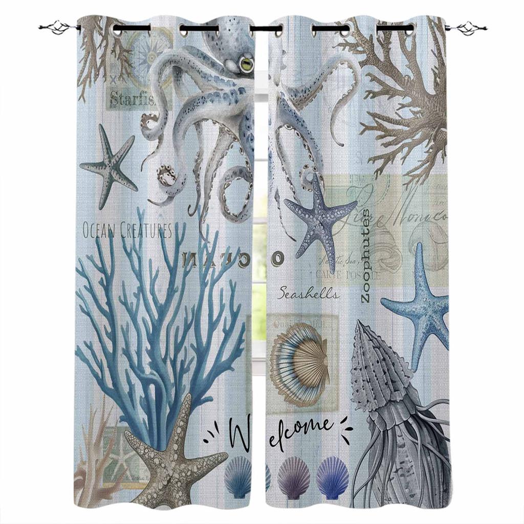 Meeresorganismen Seestern Krake Koralle Muscheln Verdunkelungsvorhänge für Wohnzimmer Schlafzimmer Fensterdekoration Vorhänge Heimdeko