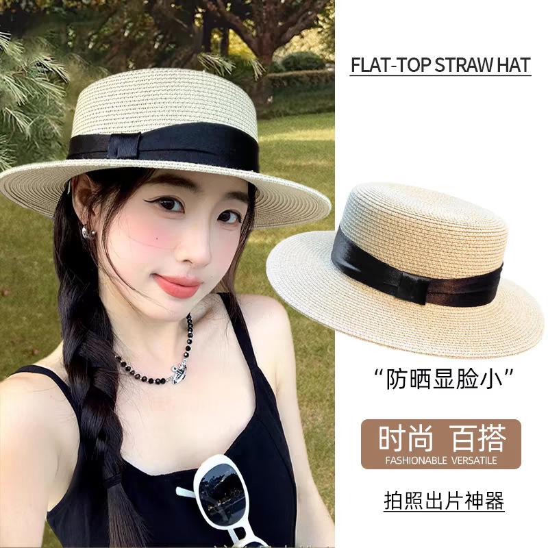 Bow Jazz Straw Hat Women's Summer Outing Seaside UV Protection Sun Hat Versatile Flat Top Hat