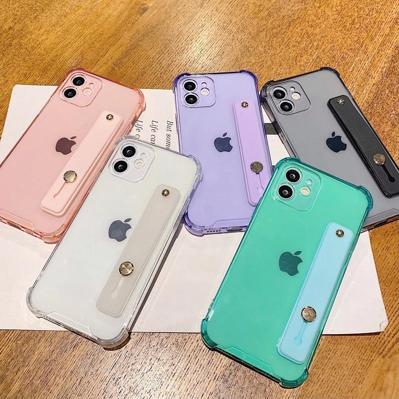 Soft Wrist Strap Phone Case For iPhone 11 12 13 14 15 16 17 Pro Max X XR Xs Max Plus Kickstand Transparent Bumper  Cover
