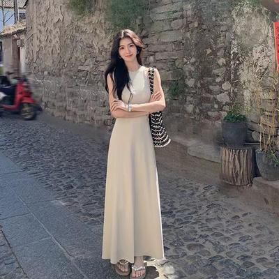 Summer Sleeveless Tank Dress Women Elegant Slim A Line Long Dress Vacation All Match Casual Solid Vestidos
