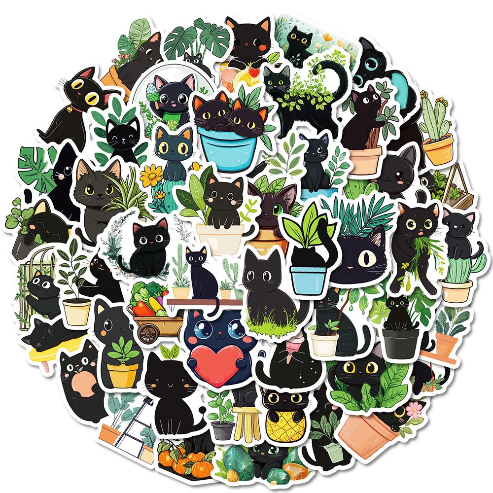 10/30/50pcs Cute Plant Black Cat Cartoon Stickers Waterproof Graffiti Phone Case Bike Kawaii Decoration Sticker Toys Gifts