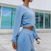 2 Teile/satz Frauen Top Hosen Set Rundhals Langarm Unregelmäßigen Kreuz Saum Sweatshirt Reine Farbe Stretchy Hohe Taille Breite Bein Trou