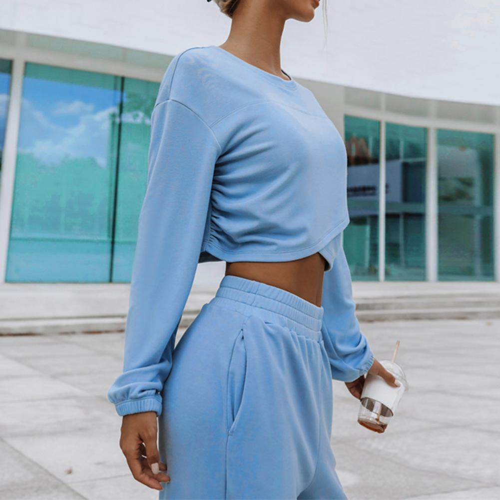 2 Teile/satz Frauen Top Hosen Set Rundhals Langarm Unregelmäßigen Kreuz Saum Sweatshirt Reine Farbe Stretchy Hohe Taille Breite Bein Trou