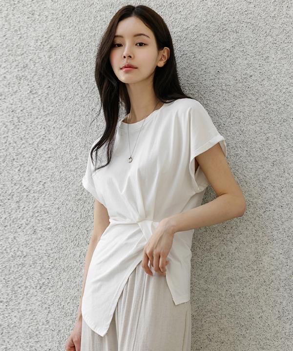 Peulenchisikeu Jericho Asymmetrical Shirred Rolled-Up Cap Sleeve T-Shirt_F6H429Ts
