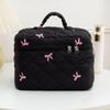 Trendy Large Quilted Makeup Bag Coquette Travel Handheld Cosmetic Bag Embroidered Bow Make Up Organizer Bag for Women Girls