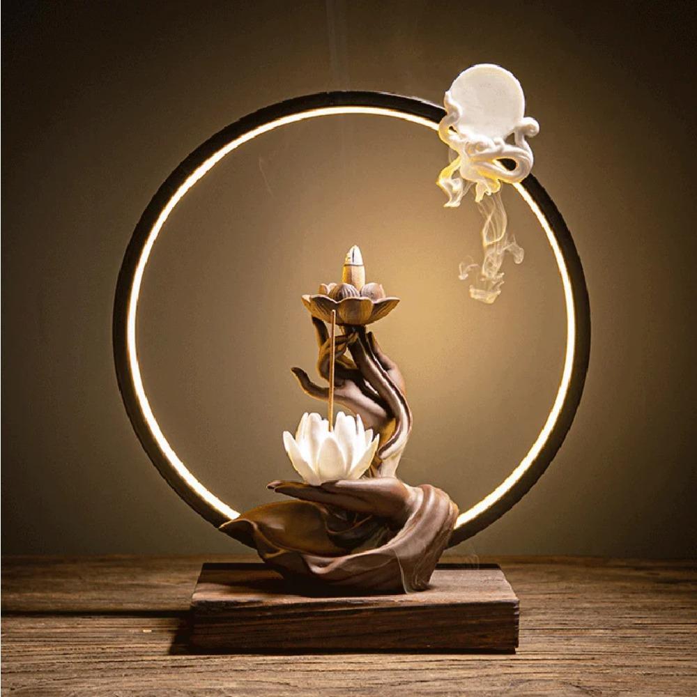 

Purple Sand Backflow Incense Stove Zen Heart Buddha Hand Zen Heart LED Lamp Circle Ceramic Home Aromatherapy Stove