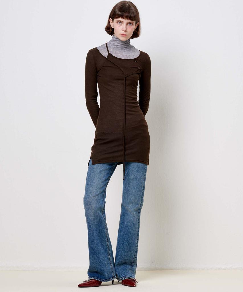 Plack Woman String Detail Layered Dress Brown