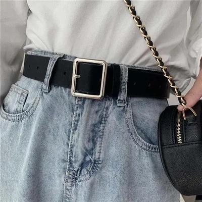 1 Stück Damen Einfache Mode PU Ledergürtel Für Damen Quadratische Schnalle Dornschließe Jeans Schwarzer Gürtel Vintage Riemen Damenbund