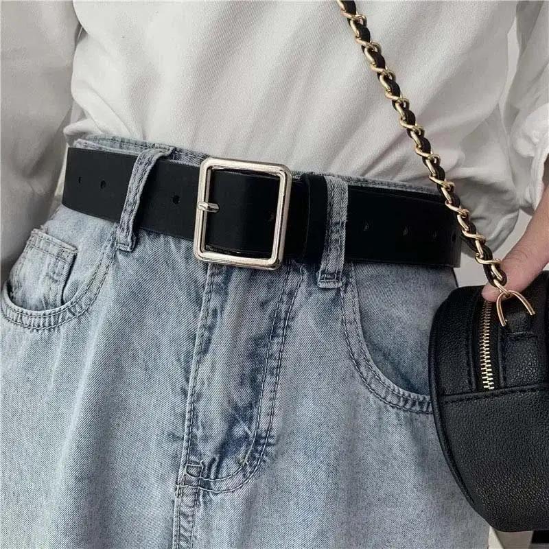 1 stk. Dame Enkelt Mote PU Lærbelte For Kvinner Firkantspenne Stiftspenne Jeans Svart Belte Vintage Stropp Dame Midjebånd