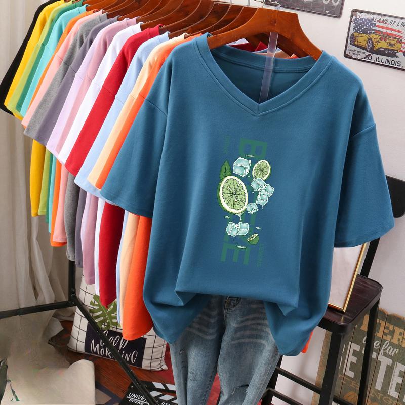 Kurzärmeliges T-Shirt, Locker sitzend, Schlankmachendes bedrucktes V-Ausschnitt-Top für Damen