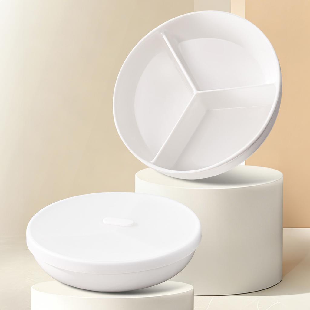 Ceramic Compartment Plate With Lid Three Compartments Round Steaming Plate For Breakfast And Diet Portion Control