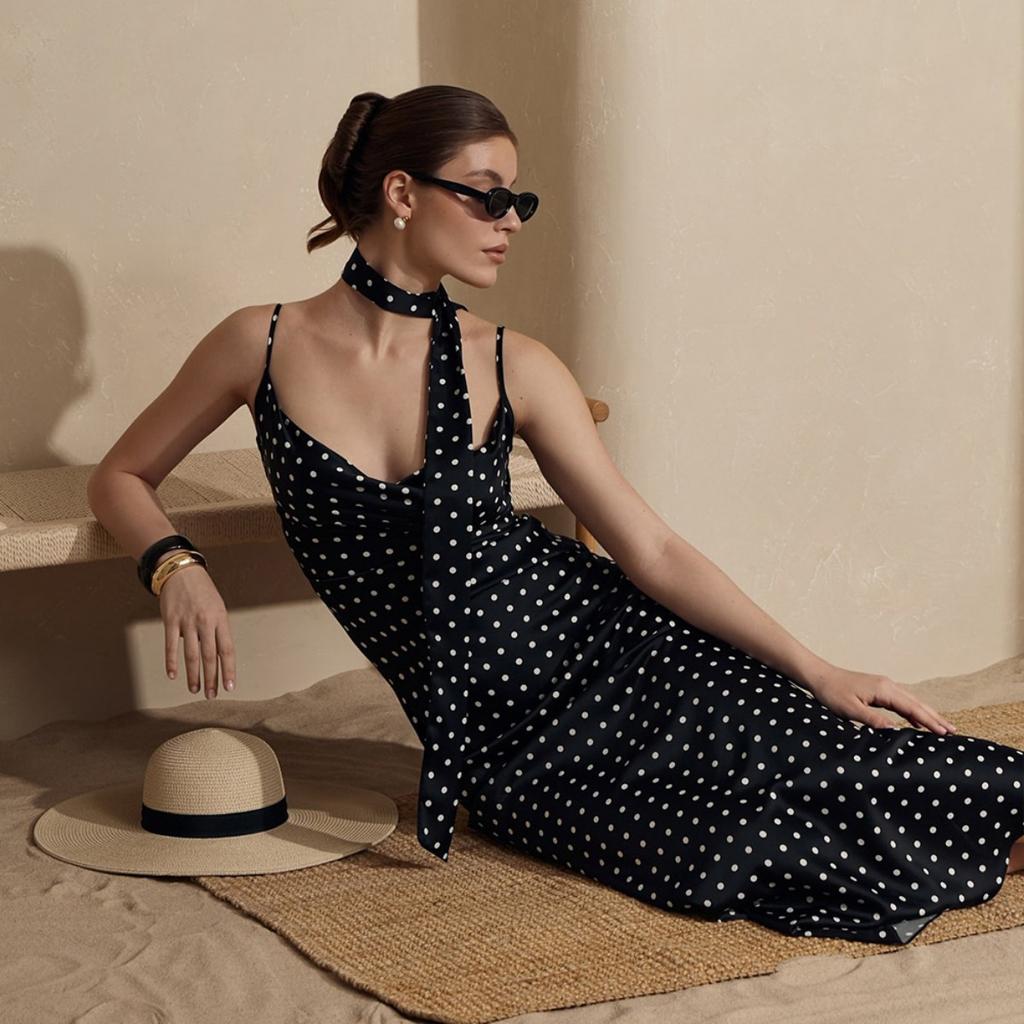 Summer New Polka Dot Halter Neck Tie Split Maxi Dress, Elegant Suspender Fishtail Long Dress for Women European American Style