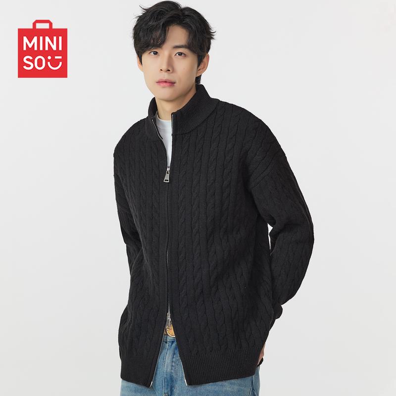 

MINISO Men s Japanese Casual Double Zipper Stand-Collar Knitted Cardigan L