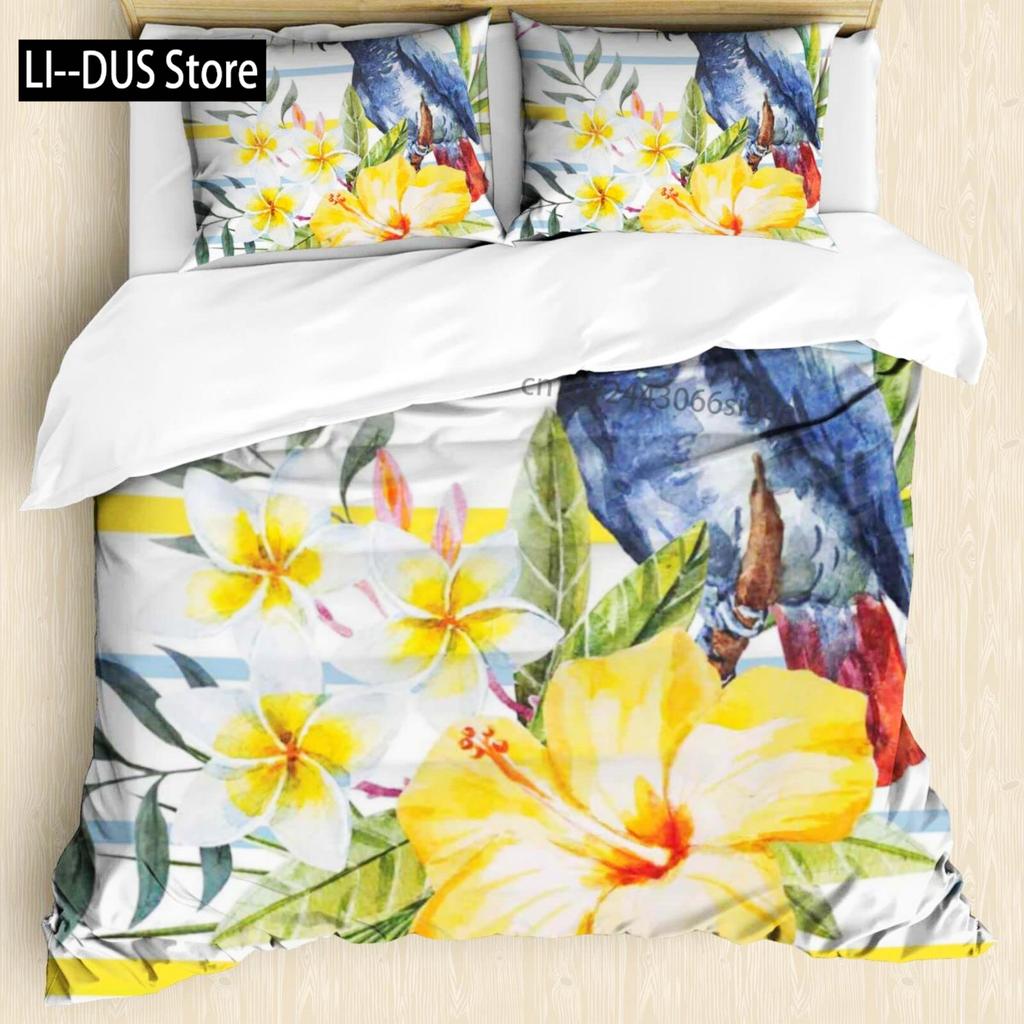 Tropical Comforter Queen Full Size,Parrot Comforter Set,Green Leaves 3pcs Print Duvet Bedding Set 1 Comforter with 2 Pillowcases