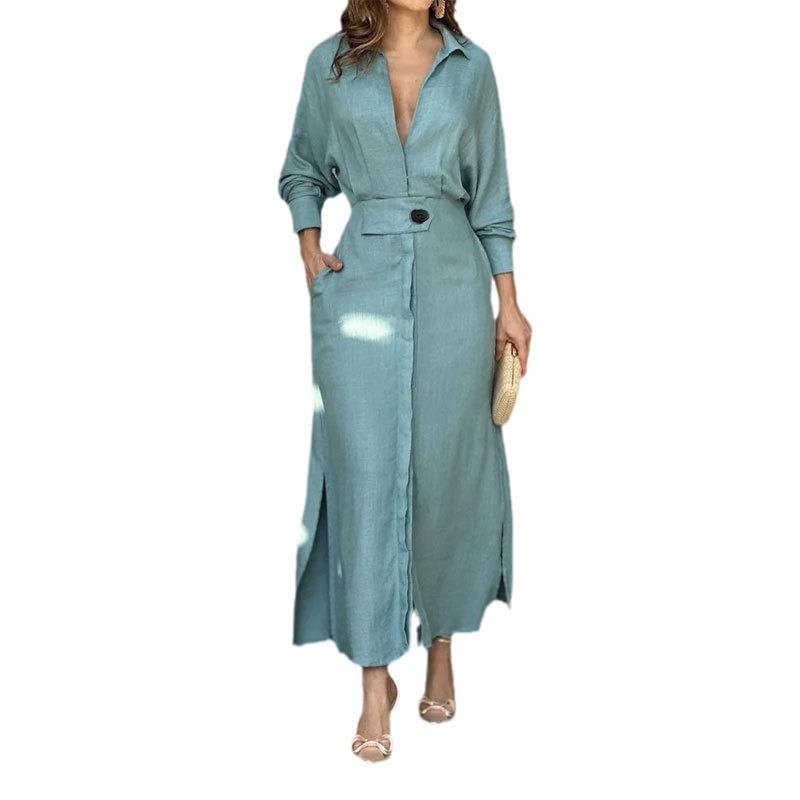 2025 European and American new temperament women's commuting lace-up solid color waist long-sleeved irregular shirt European and American dress women