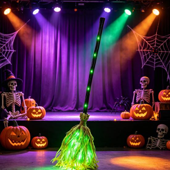 Accesorio de Disfraz de Halloween Escoba de Bruja con Luz LED Verde, Escobilla de Mago Brillante para Cosplay, Atrezo para Fiestas Temáticas, Decoraciones para Interiores y Exteriores