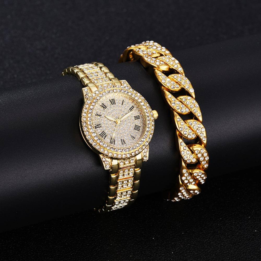 Trendy Roman Numerals Luxury Diamond-Encrusted Cuban Bracelet With Women'S Watch, Fashionable Hip-Hop Steel Watch