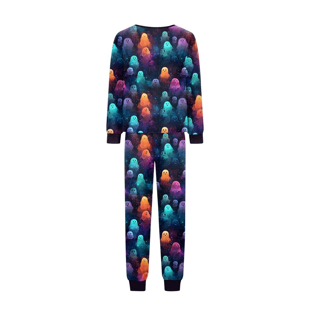 Family Matching Halloween Print Loungewear Set with Long Sleeve Top and Pants for Couples and Kids