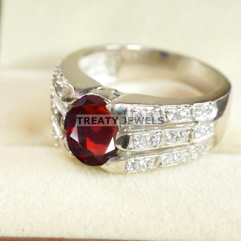Garnet Oval Cut Gemstone With 925 Sterling Silver Ring For Men's #B85 JL375671404688