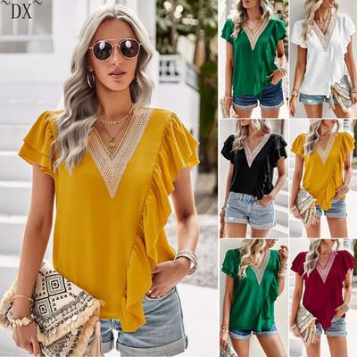 DX~~Short Sleeved Shirt Women's Summer Style Commuting V-neck Ruffle Top