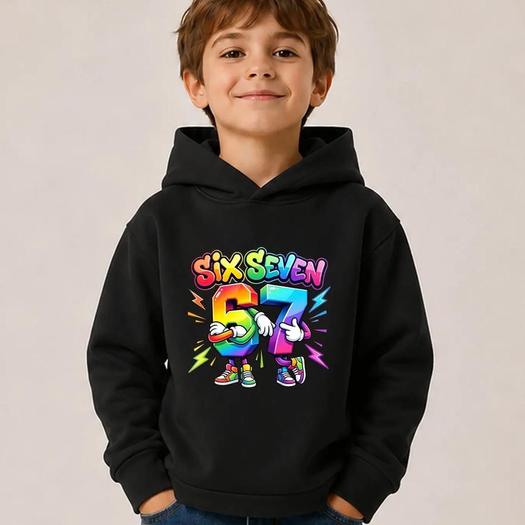 New Autumn/Winter Christmas Boys' Rainbow Pattern Cartoon Hoodie "SIX SEVEN 67" - Trendy Streetwear