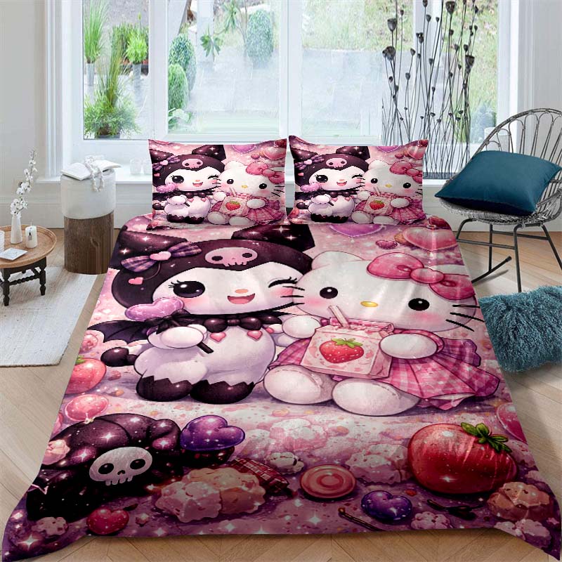 New Kuromi-themed Three-piece Bedding Set, Including Duvet Cover and Pillowcases, But Without Filling. A Great Holiday Gift.