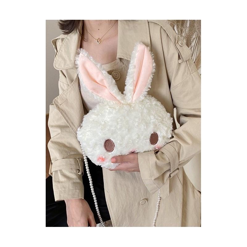 Cartoon Rosy Bunny Plush Shoulder Bag With Zipper Closure For Leisure Outings