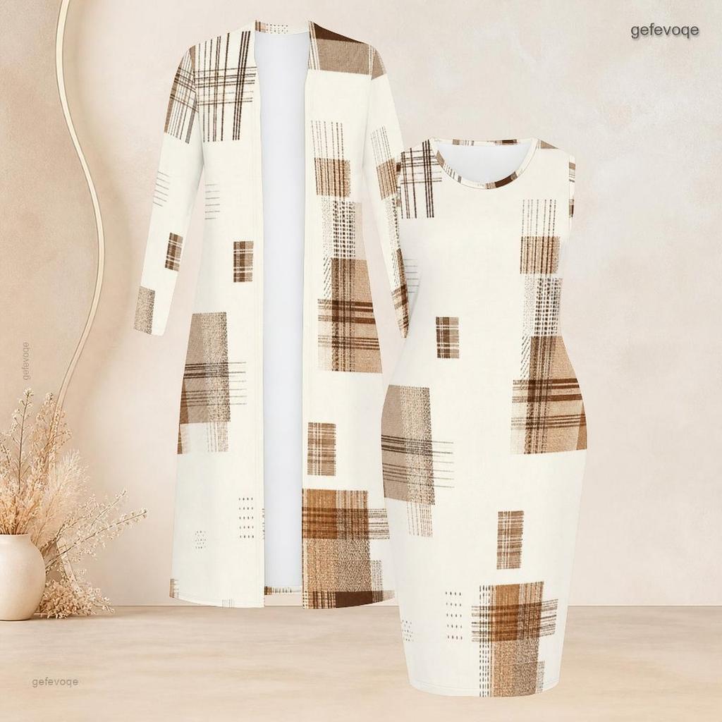 Women Plus Size Geometric Printed Two Piece Set Long Sleeve Open Front Cardigan Sleeveless Bodycon Dress