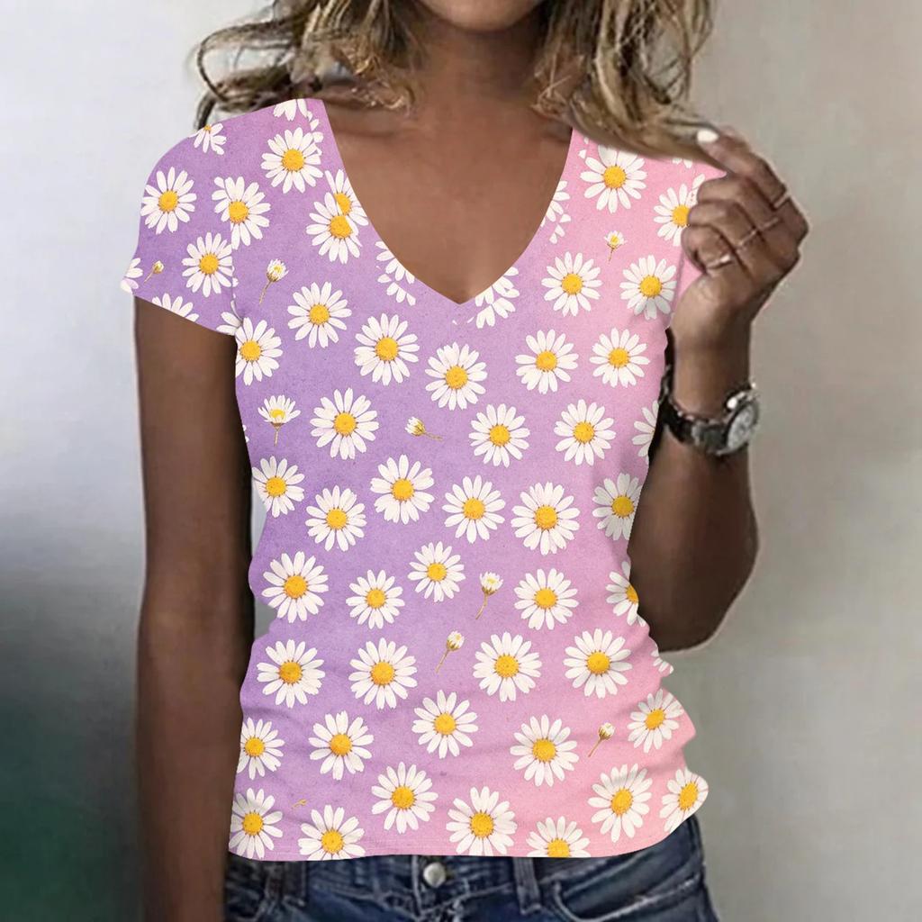 Women Casual V Neck Short Sleeve Floral Print T Shirt Lightweight Soft Fabric Comfortable Fit Summer Top