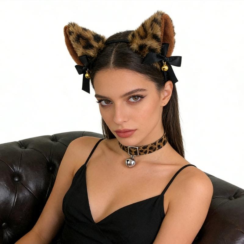 Leopard Cats Ears Headband with Bells Collar Set Cats Costumes Accessories for Women Halloween Cosplay Party Costumes
