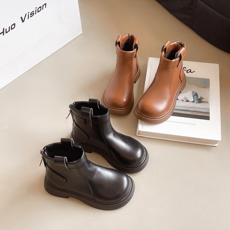 Girls Leather Boots Round-toe Children Chelsea Boots Non-slip Fashion Kids Black Brown Short Boots Simple Anti-Slippery 2024 New