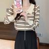 POLO Collar Chain Long Sleeved Striped Knitted Sweater Women's Autumn Outfit New Slim Fit Short Top Base Shirt Women's Clothing