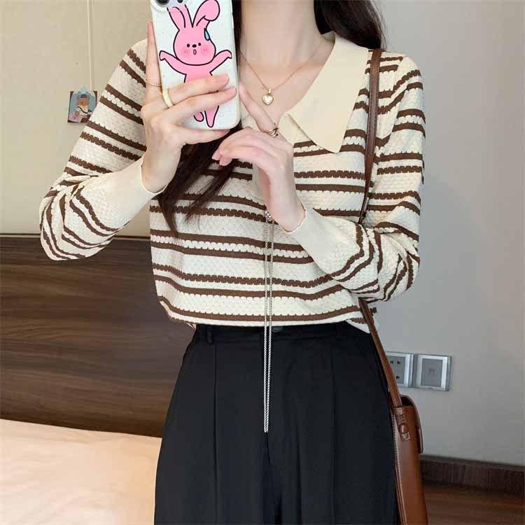 POLO Collar Chain Long Sleeved Striped Knitted Sweater Women's Autumn Outfit New Slim Fit Short Top Base Shirt Women's Clothing