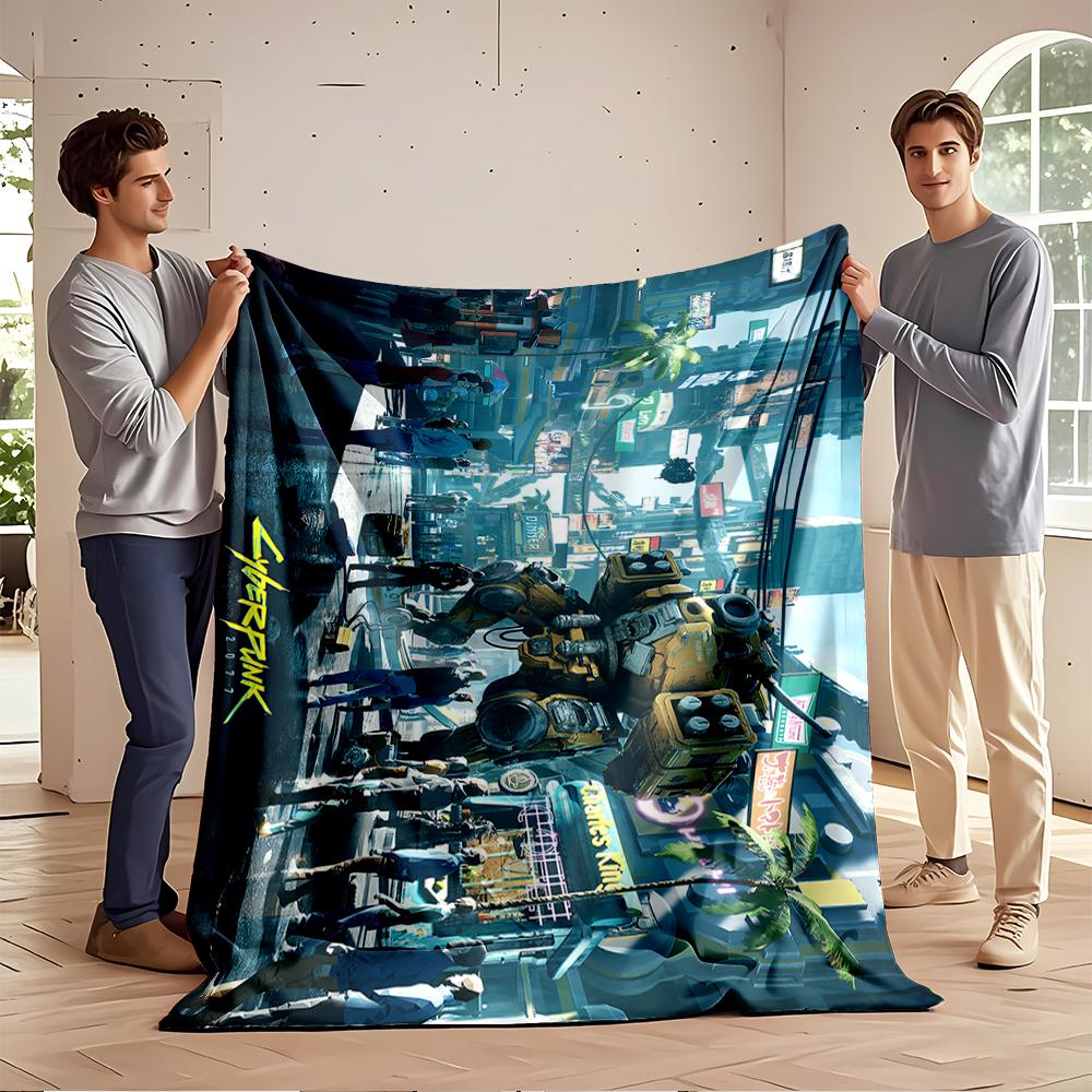 "Cyberpunk Robot in Futuristic City Scene Flannel blanket for bedroom, living room, sofa, and nap sofas"