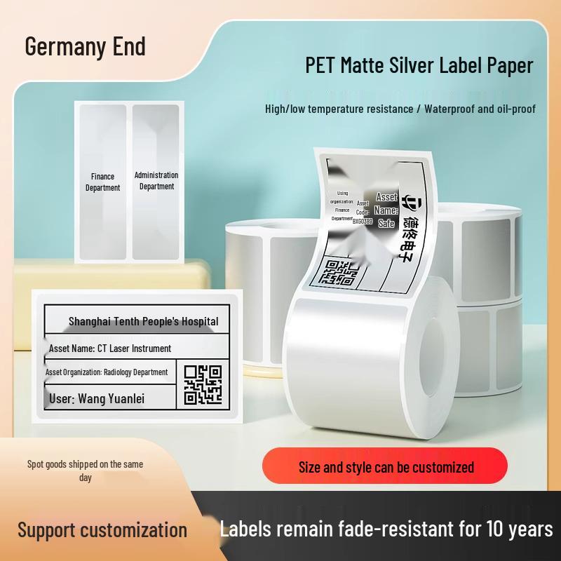 Detong Waterproof PET Silver Adhesive Label Paper for Fixed Asset Barcode 1 Ribbon + 2 Silver Labels