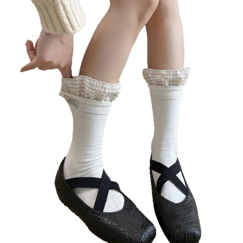 Spring and Summer Women's Cotton Socks with Child-sized Tights, Decorative Edging, Chunky Stripes, Simple Style