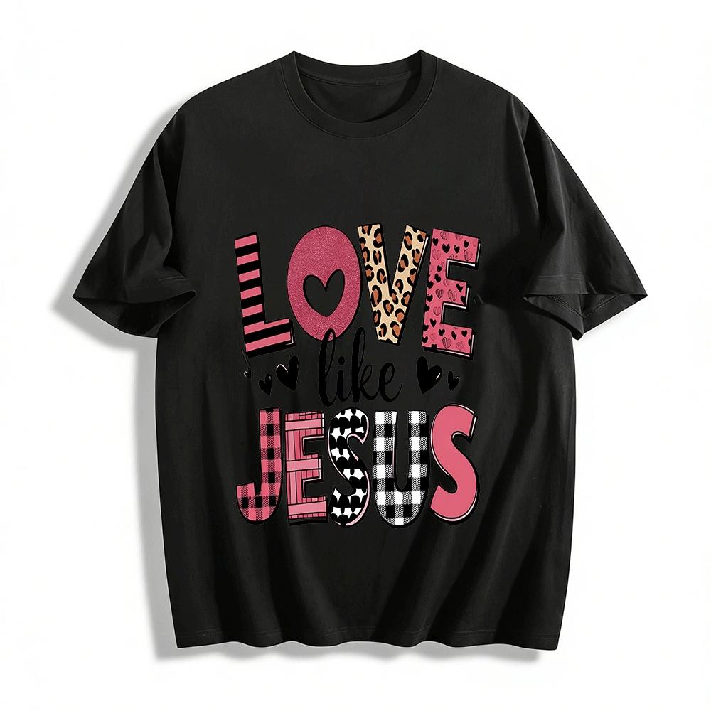 Love Like Jesus Graphic Tee Heart Leopard Plaid Print Christian Top Pure cotton T-shirt XXS