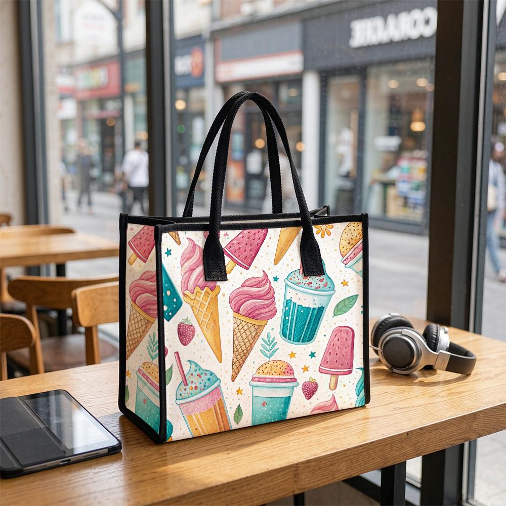 Cute Summer Ice Cream Print Tote Bag Fashion Casual Portable Shopping Handbag for Daily Use