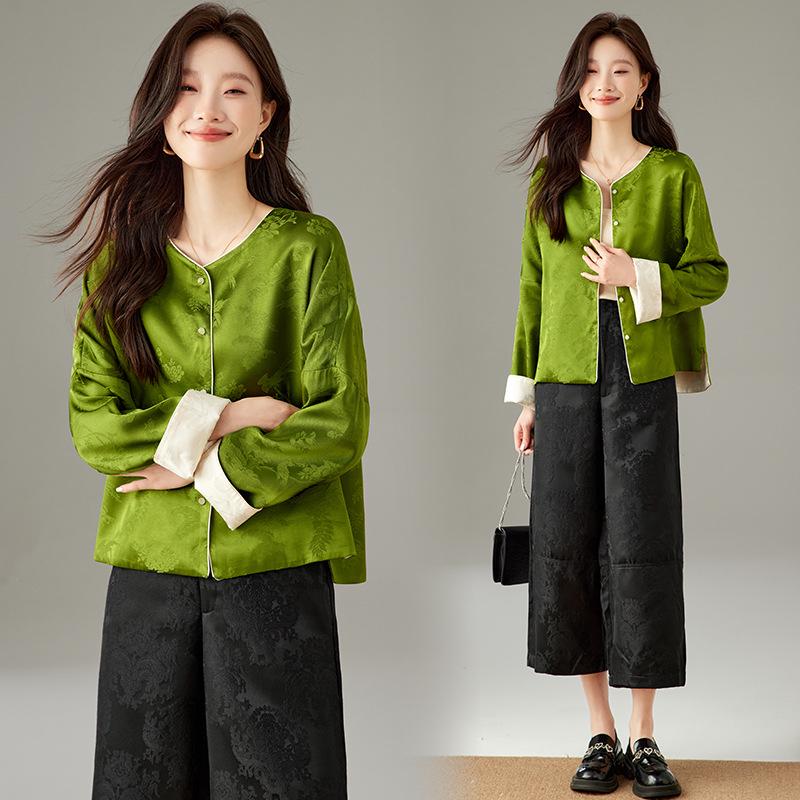 

2025 Autumn New Style Double-Sided Embroidered Jacquard Jacket - Round Neck, Long Sleeve, National Style. M зелений