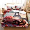 Rose Eiffel Tower Print Pattern Polyester Bedding Set - Soft and Comfortable,  Home Decoration,King,Queen Size,Valentine's Day
