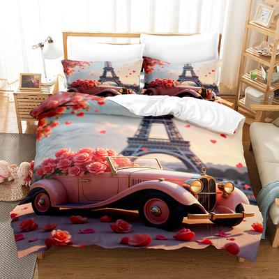 Rose Eiffelturm Druckmuster Polyester Bettwäsche Set - Weich Und Bequem HeimdekorationKöniginKönig GrößeValentinstag