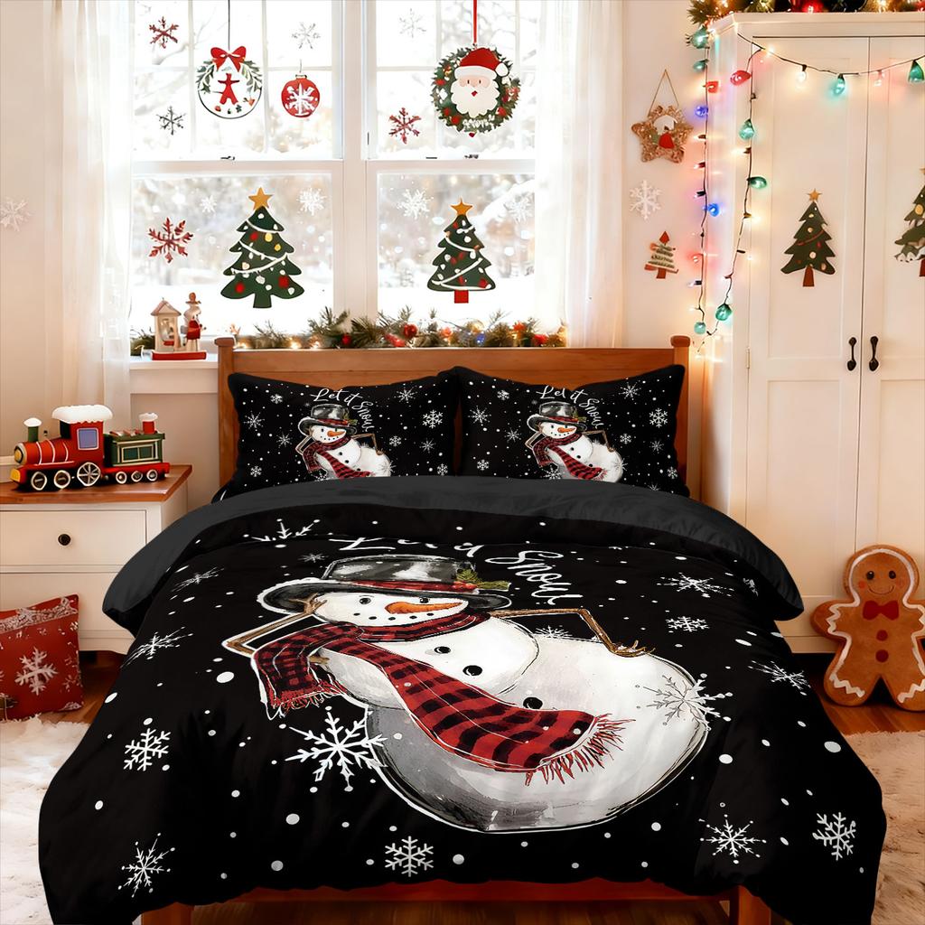 3pcs Merry Christmas Cartoon Snowman Printed Chipless Bedding Set Multi Size Bedroom Bedding Holiday Decoration Machine Washable