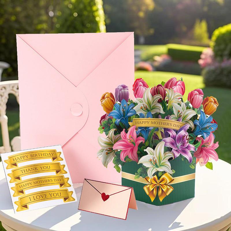 3D Creative Bouquet Gift Card For Mother Father Wife Friends Blessing Card Gift For Mothers Fathers Day Thank You Greeting Cards