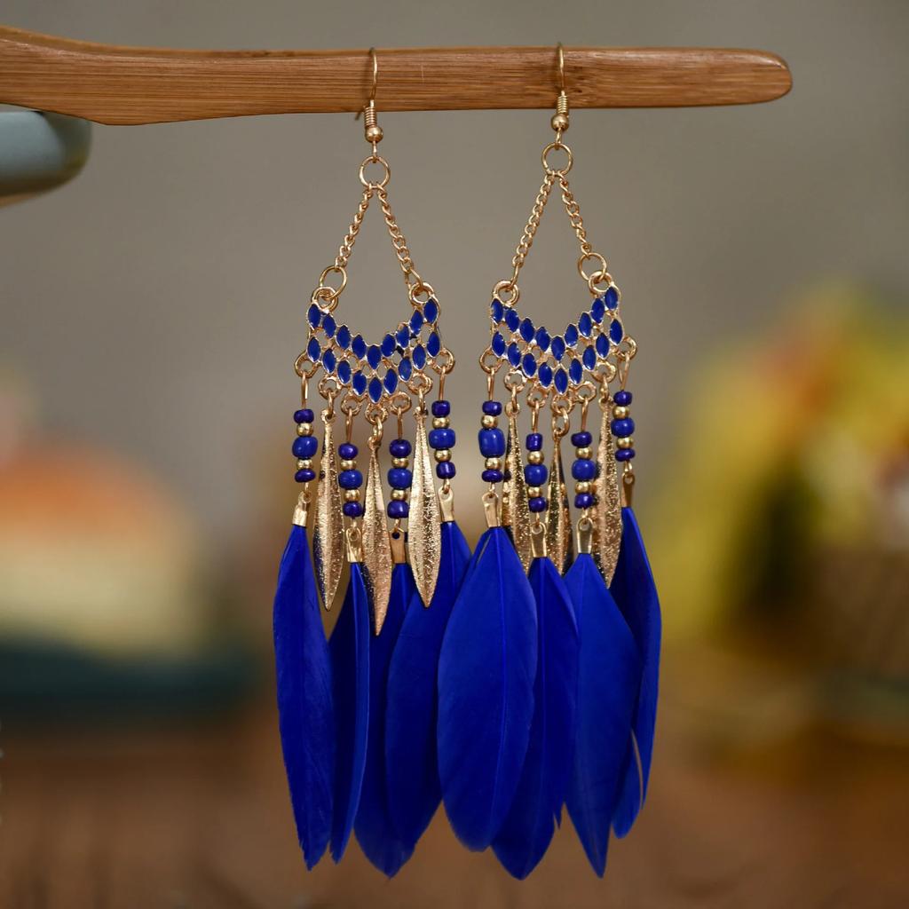 Bohemian Ethnic Feather Dangle Earrings For Women Trendy Long Tassel Colorful Beads Drop Earrings Girl Female Boho Jewelry
