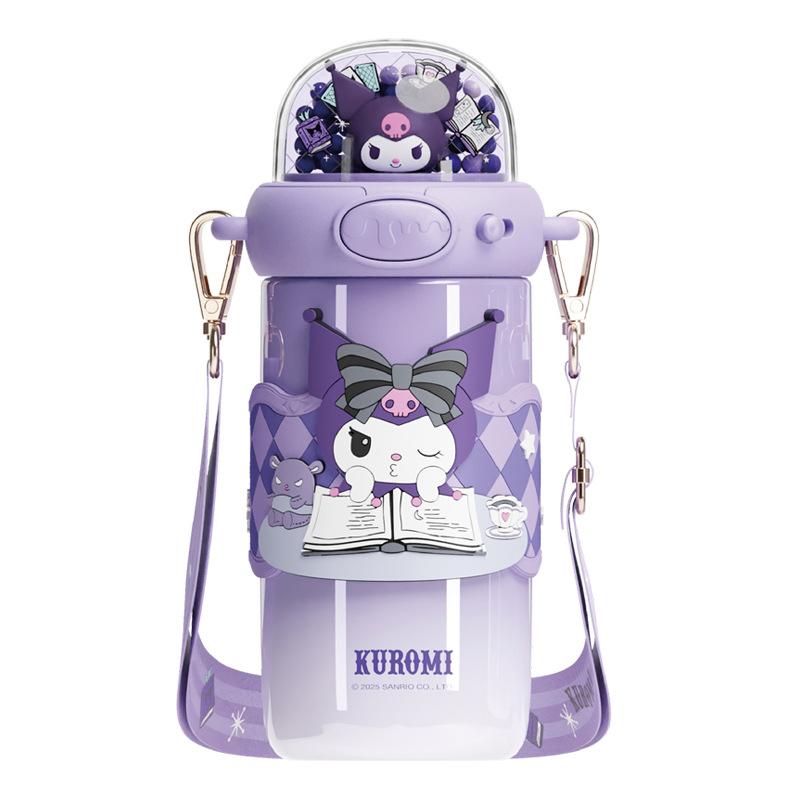 X&W Sanrio Straw Thermos Cup Cartoon Kuromi Drinking Water Bottle Stainless Steel Vacuum Flasks with 3D Creative Lid Kids Gifts