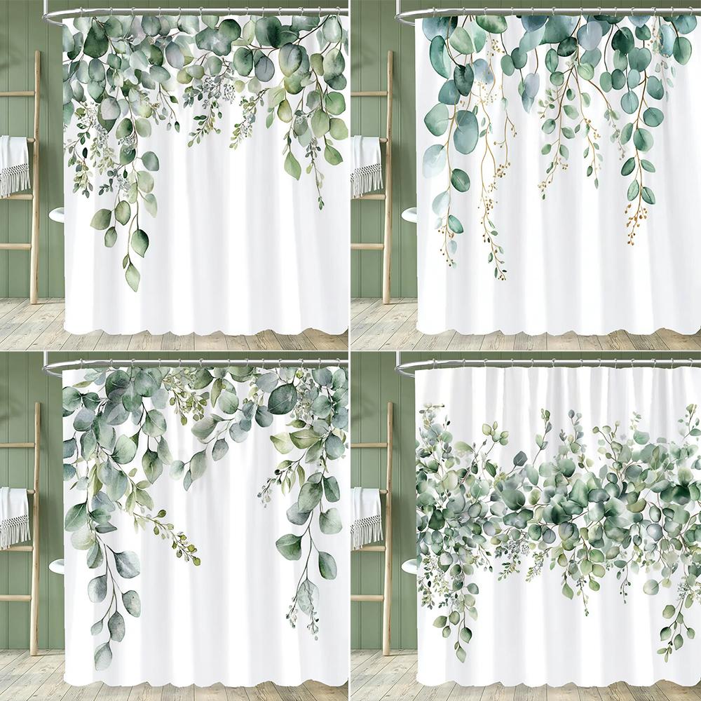 Green Leaf Shower Curtain, Plants and Eucalyptus Leaves Bathroom Decor, Waterproof Polyester Shower Curtain, Home Decor Curtain