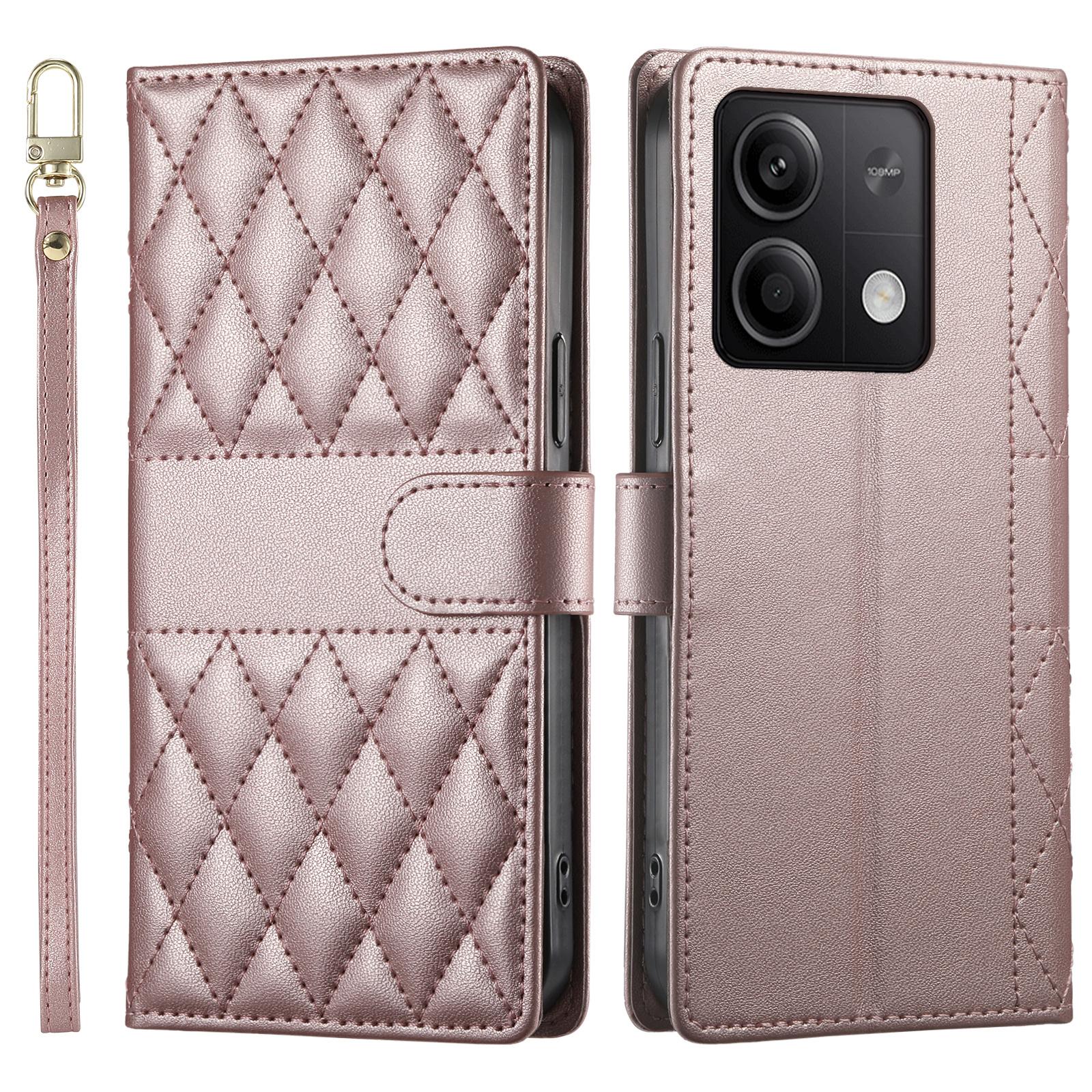 

Чохол для Xiaomi Redmi Note 13 5G з ромбоподібною прошивкою, гаманець-підставка, шкіряна накладка для телефону з довгим/коротким ремінцем Rose Gold