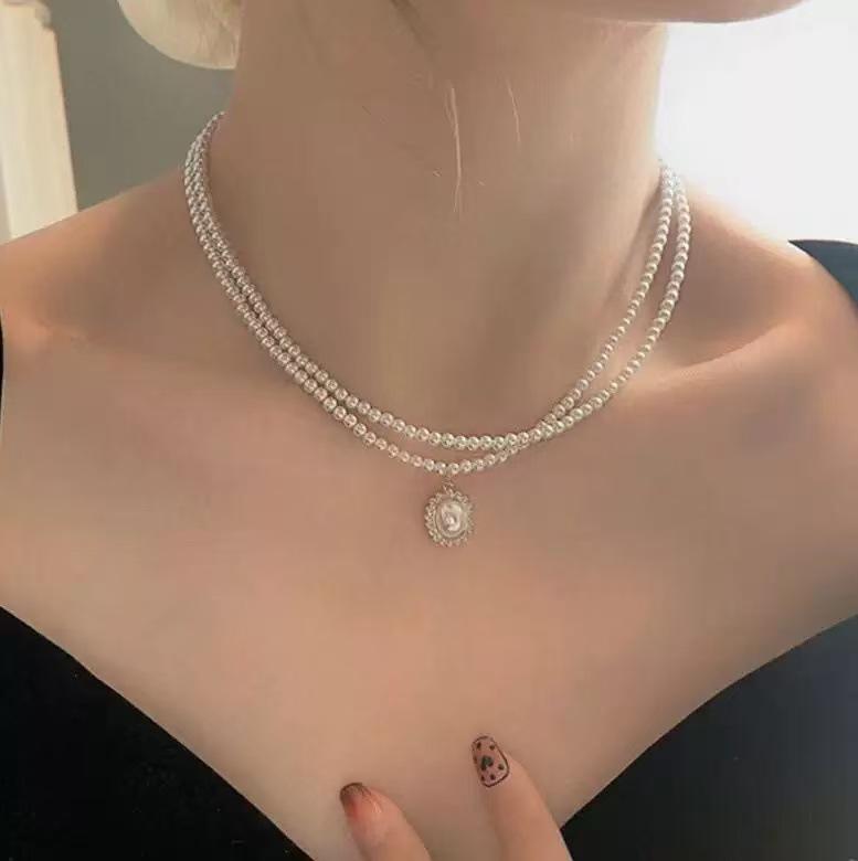 Double pearl necklace retro baroque court style necklace niche choker collarbone chain simple neck chain jewelry