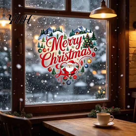 Holiday Glass Clings Merry Christmas Window Cling, Heart Shaped Sticker with Santa Claus Xmas Party Supplies Tree Balls, Winter Static PVC Decal