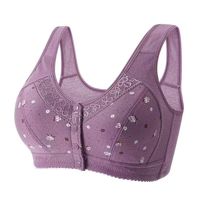 Women's Underwear Without Steel Ring Bra, Front Buckle Lace Border Printed Vest Bra